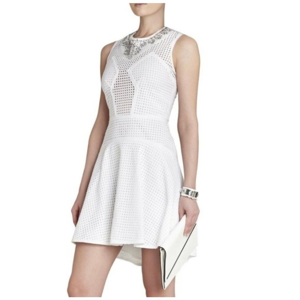 BCBG Maxazaria White Serina‎ Dress-size 12-eyelet lined gold crystals,sleeveless